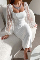 Vestidos de noche de celebridades con cuello cuadrado y cuentas lisas